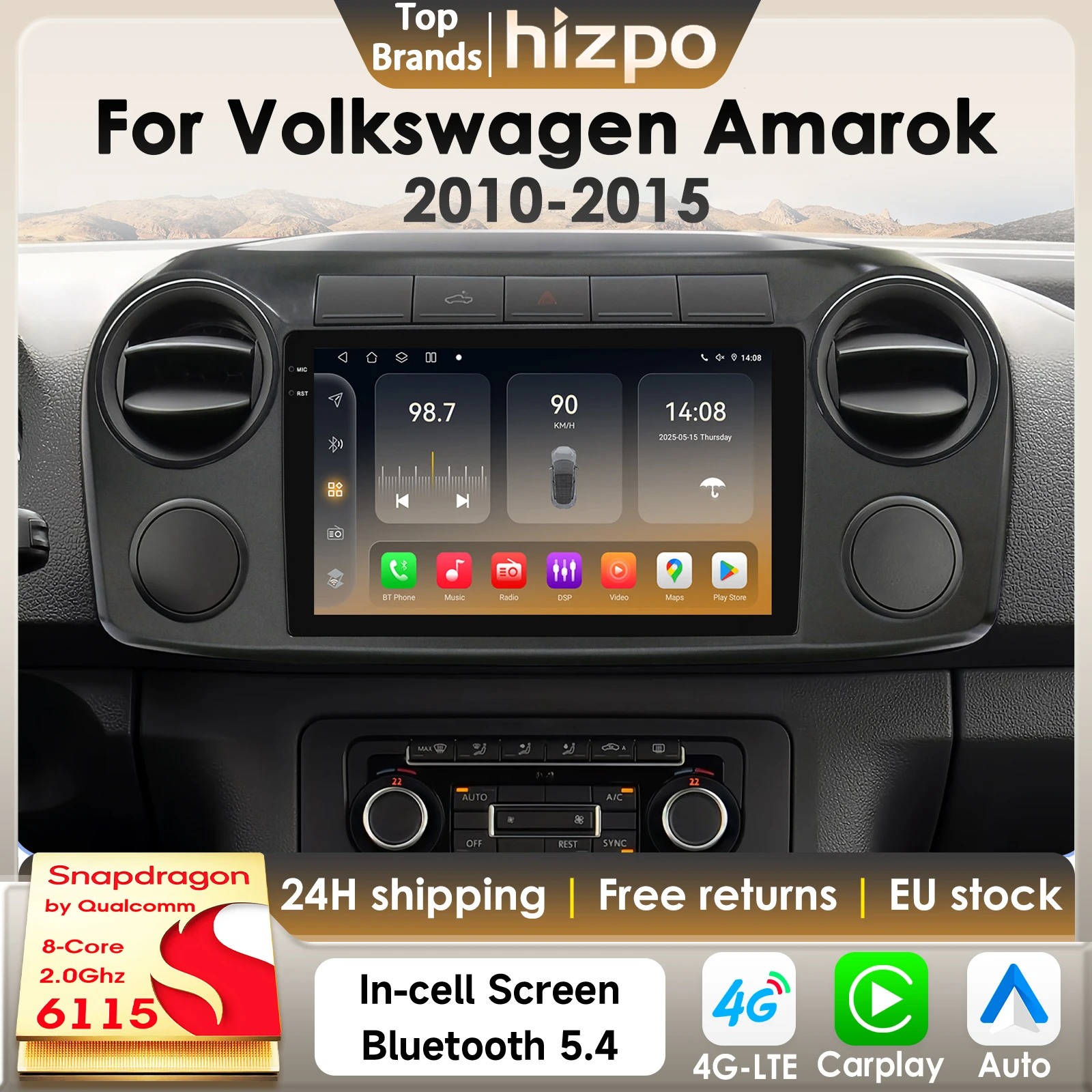Autoradio Hizpo 8G 128G 2Din AI Android 14 pour Volkswagen Amarok 2010-2015, GPS multimédia 4G Carplay par Snapdragon6115