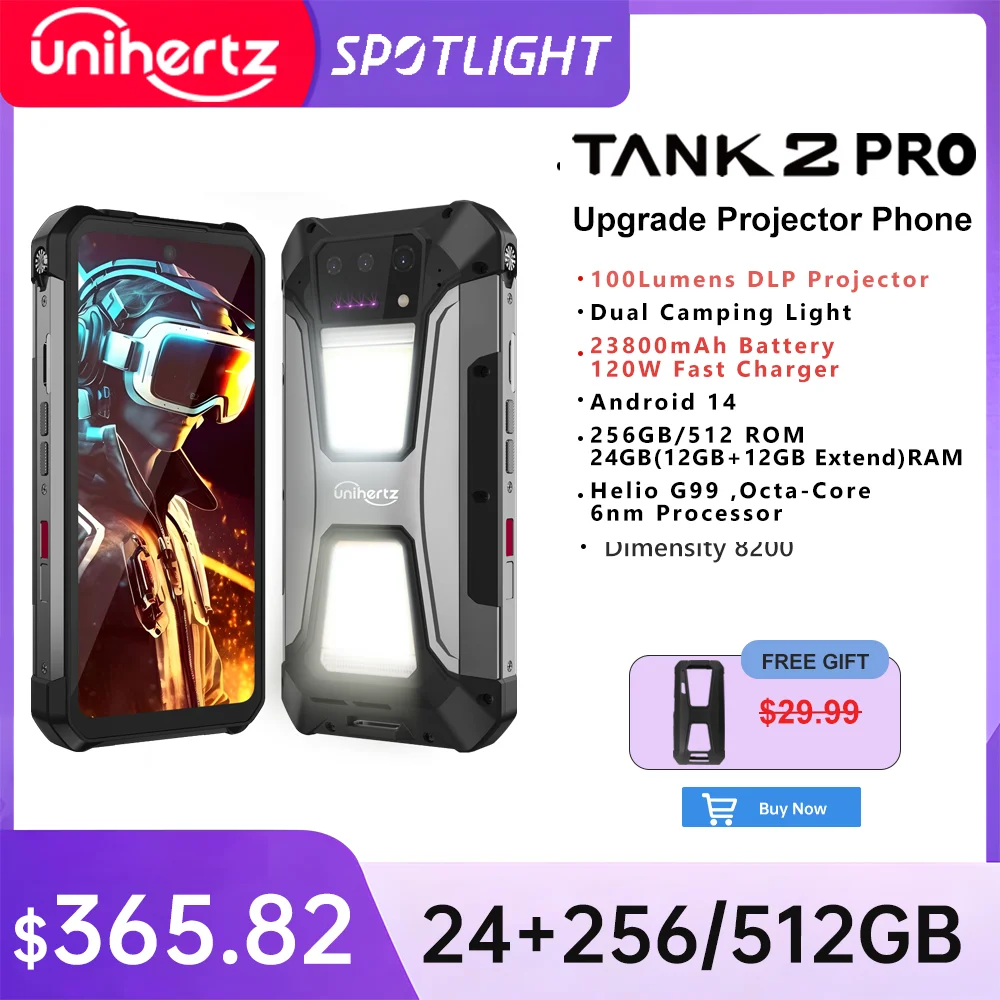 Unihertz tank 2 Pro 8849 smartphone robusto con proiettore 2.4K 23800 mAh 24 GB + 512 GB telefono cellulare Android 14 100 MP NFC cellulare