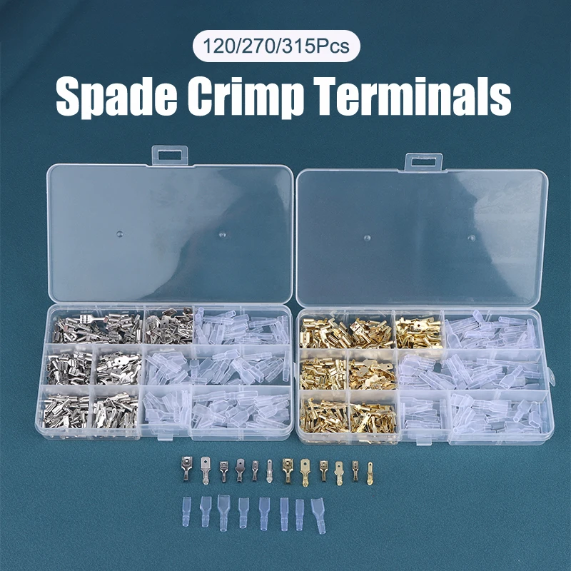 Boxed 2.8/4.8/6.3mm Spade Crimp Terminals Male Female Wire Connector Electrical Terminals Assorted Kit Lightweight Gold/Sliver