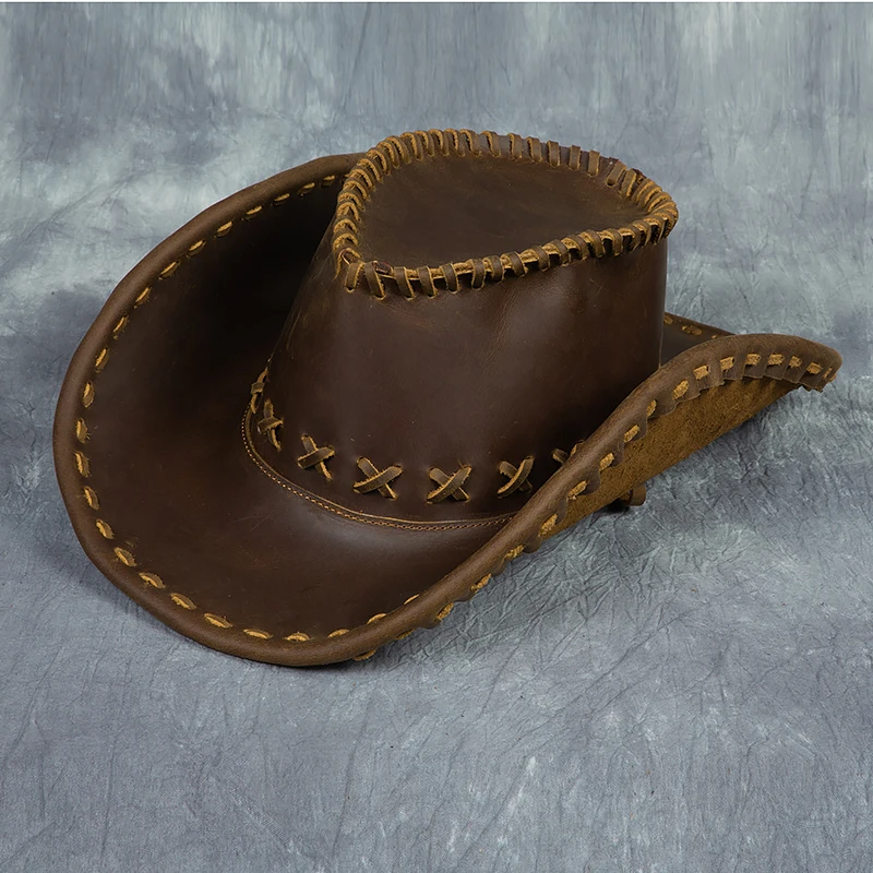 Handmade New Vintage Horse Leather Hat Knitted Belt Genuine Leather Outdoor Men's and Women's Hat