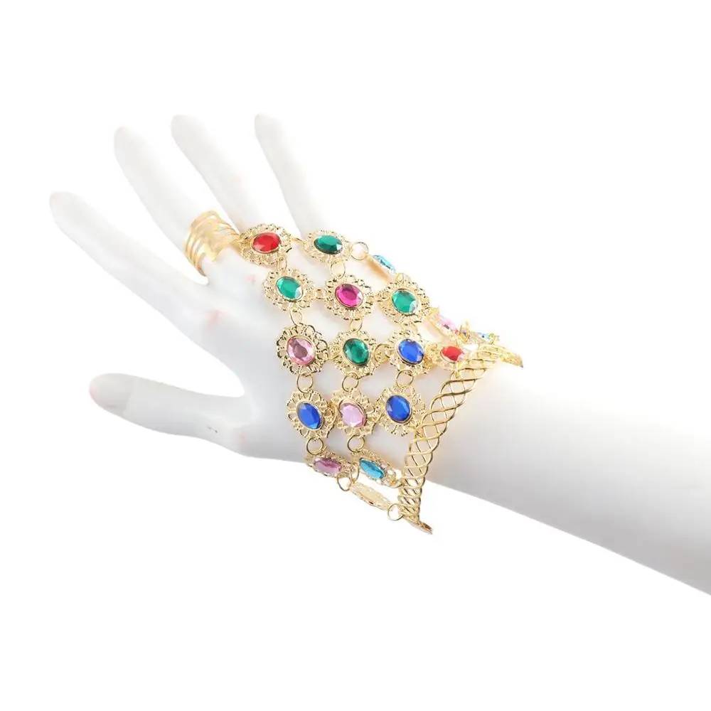 Shining Ring Indian Dance Performance Jewelry Rhinestone Finger Bracelet Diamond Bracelet with Rings Hollow Alloy Show Out
