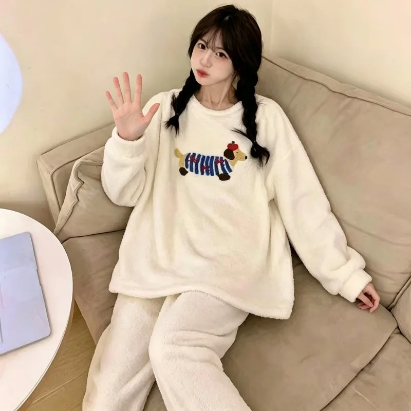 Thickened Warm Flannel Women Pajamas Loungewear Striped Top and Trousers Casual Sleepwear Homewear Nightwear French Vintage