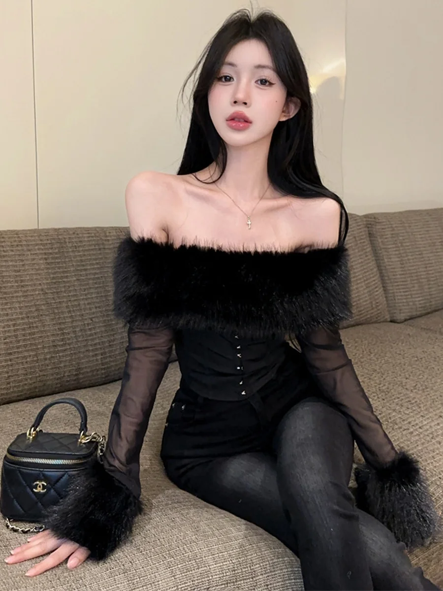 Sexy Shoulder Bared Long Sleeve Furry Collar Slim Fit Trendy Top for Young Women Polyester Fiber High Waist Casual Wear