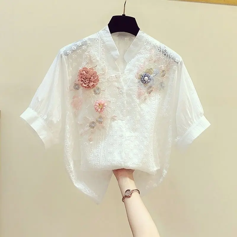 Cotton Short Sleeve White Shirt Blouse Women\'s 2023 Summer Art Embroidery Flower V-Neck Loose Top