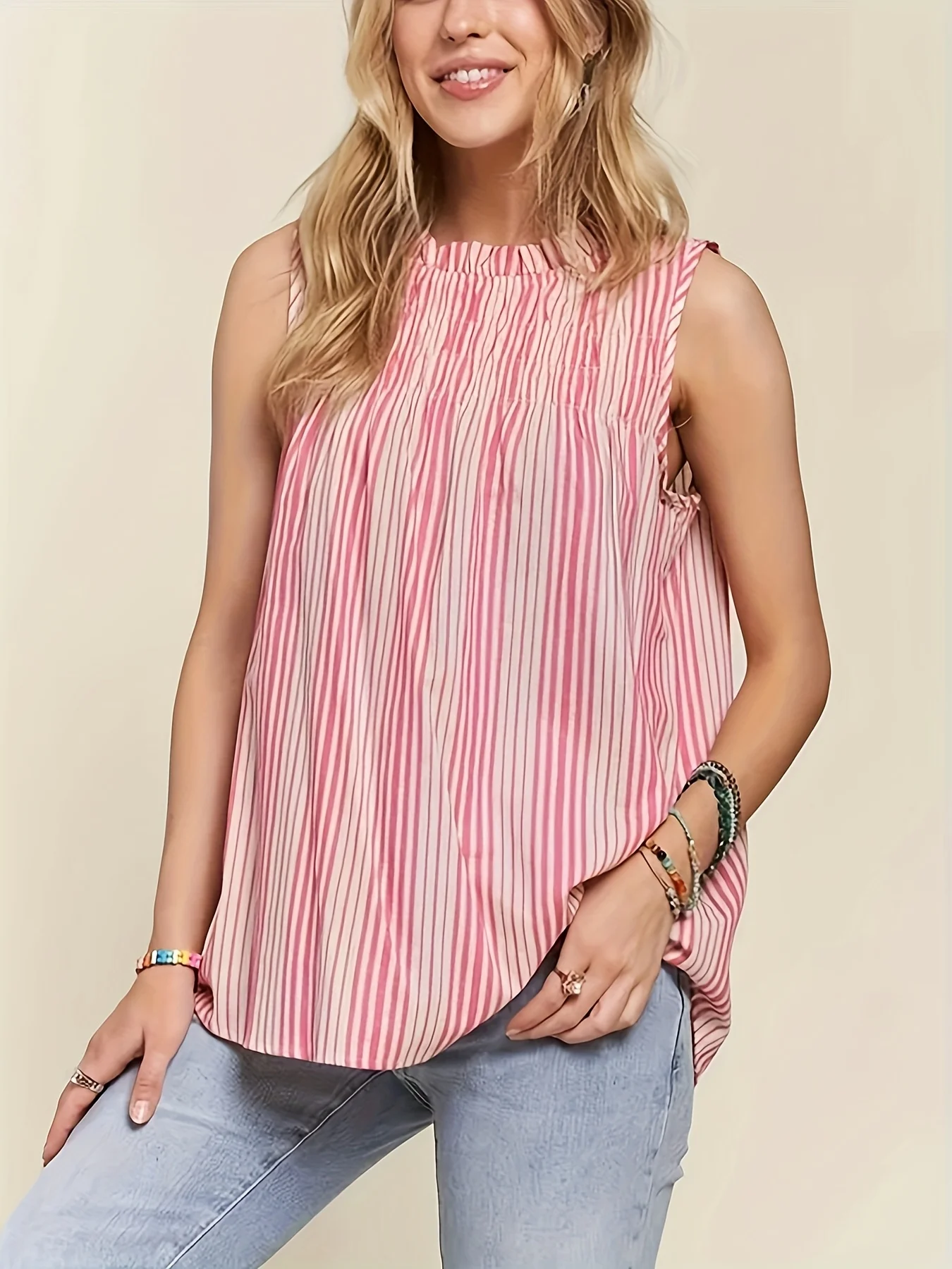 

Женская милая блузка без рукавов с рюшами больших размеров, розовый, белый, в полоску, свободный топ для повседневного лета