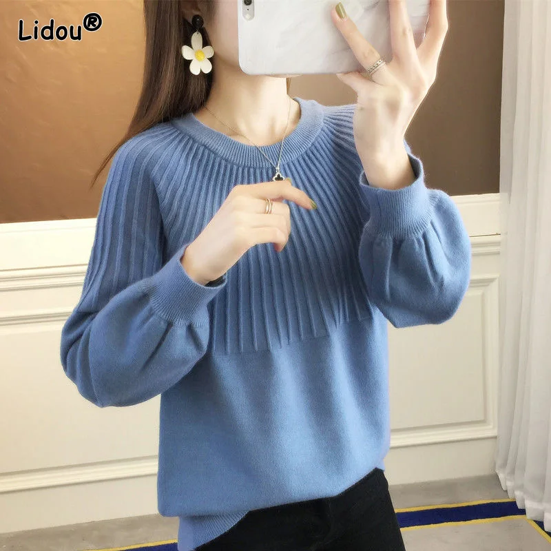 O-Neck Solid Office Lady Autumn Winter Thick Women's Clothing Lantern Sleeve Medium Strech Loose Wild Pullovers Multiple Colour