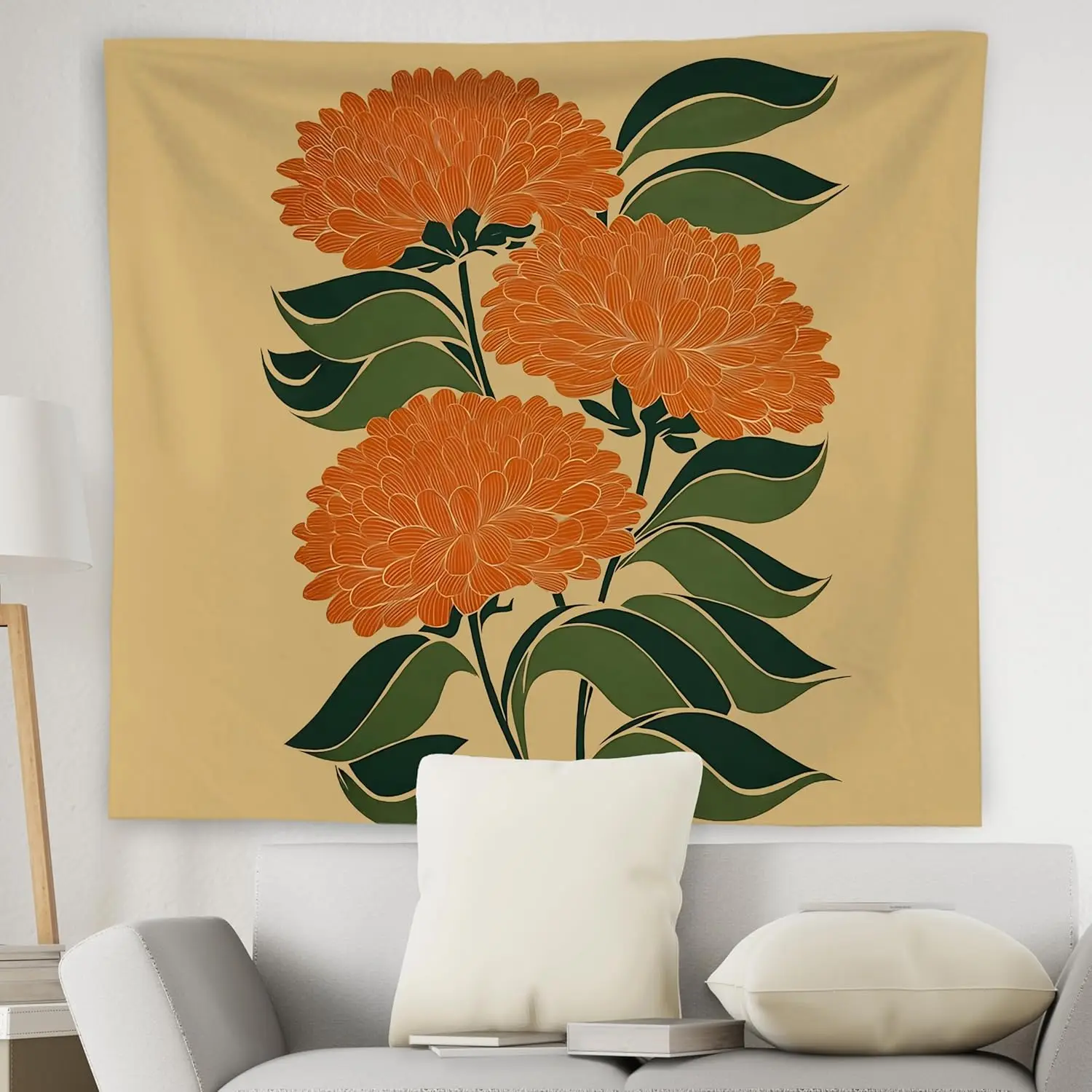 Retro Boho Orange Floral Tapestry Wall Hanging, Mid Century Modern Decor, Abstract Art Deco Flower Botanical Wall Blanket Decor