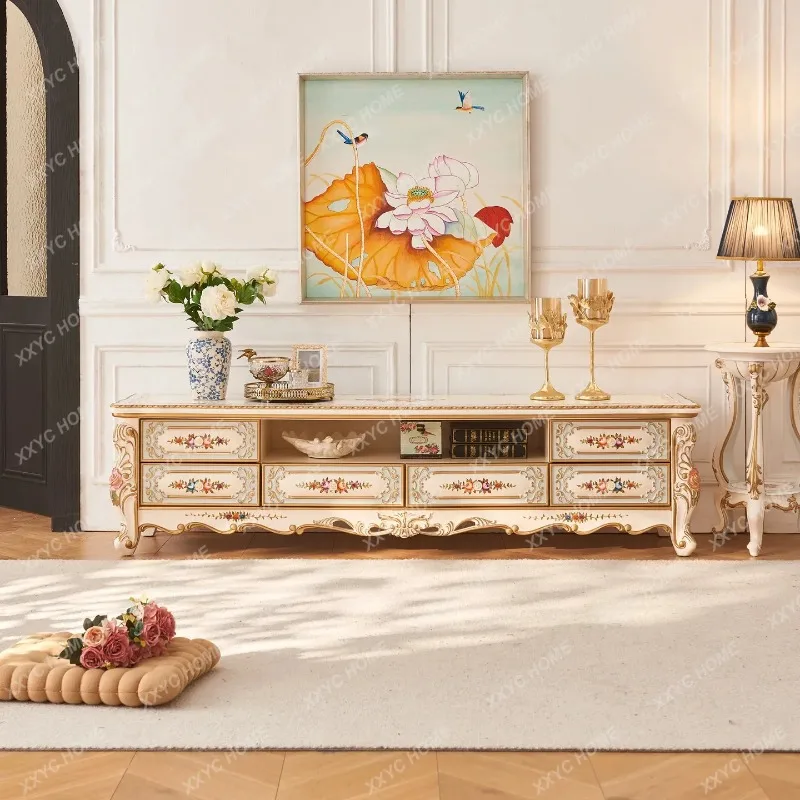 XX hand-painted rose palace gold painting living room home all solid wood luxury carved villa long TV floor cabinet