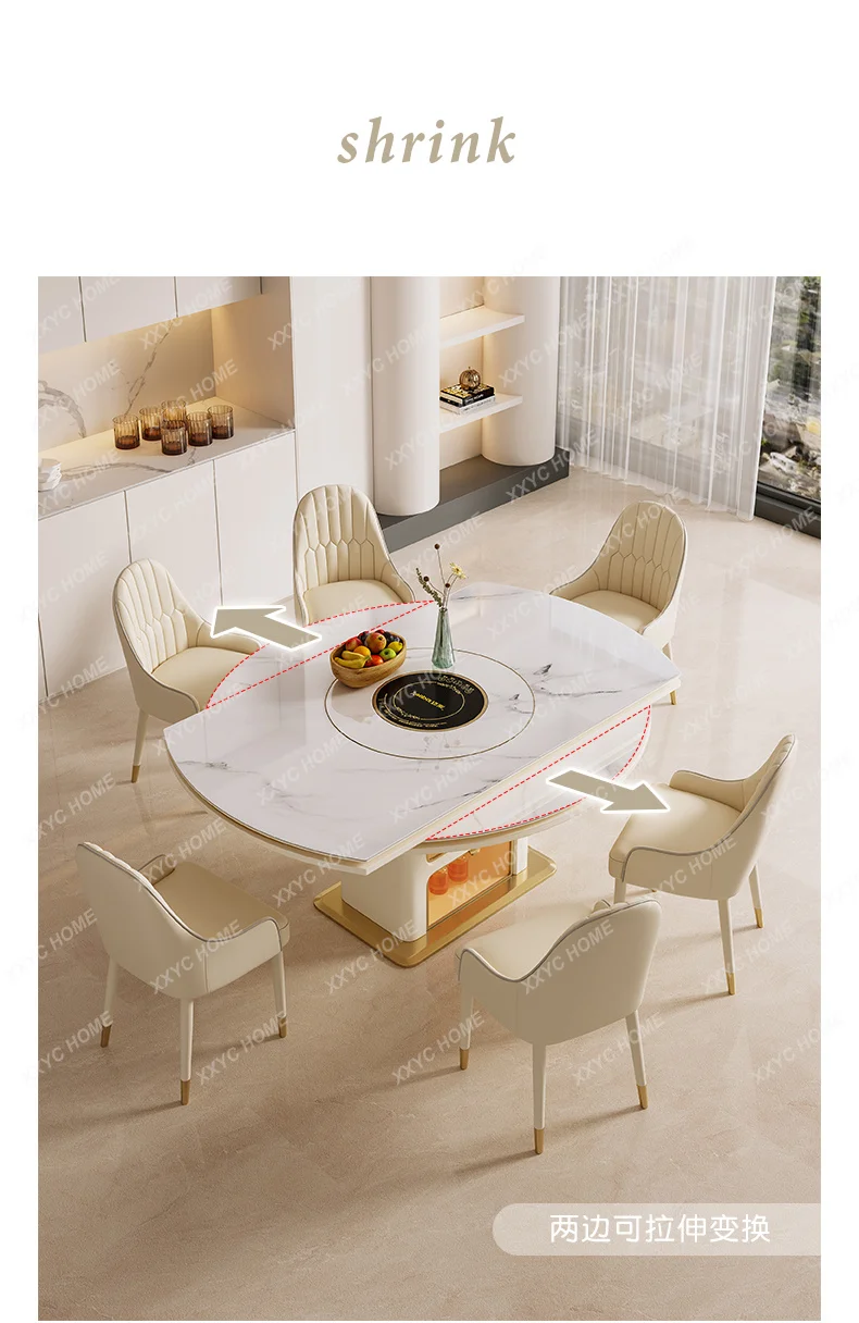 X40 Cream Wind Rock Slab Dining Table Small Apartment Telescopic Built-in Turntable Induction Cooker Marble