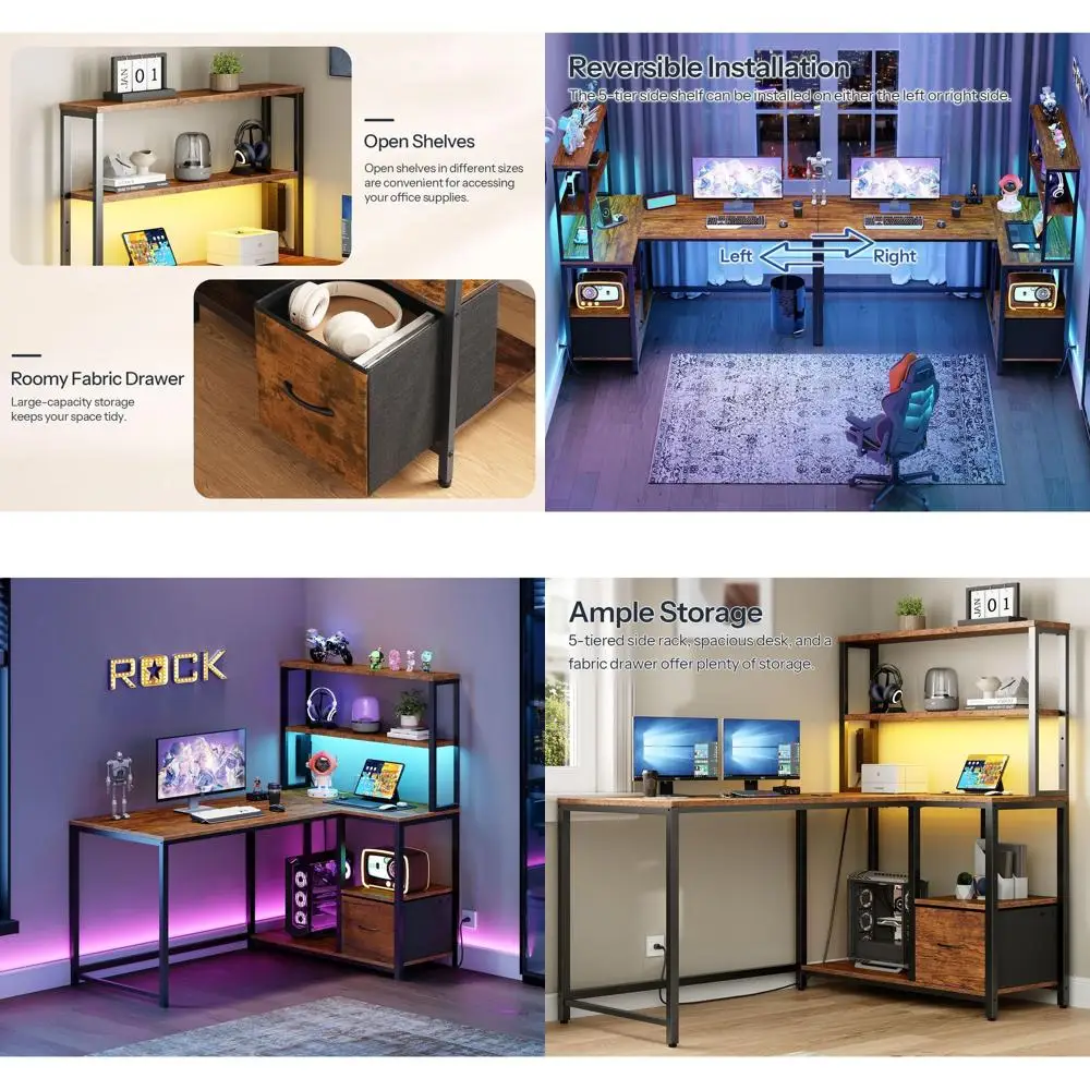 

46, Г-образный игровой стол со светодиодной подсветкой, розеткой, хранилищем, ящиками, коричневым и черным рустикальным BF18UDDN01