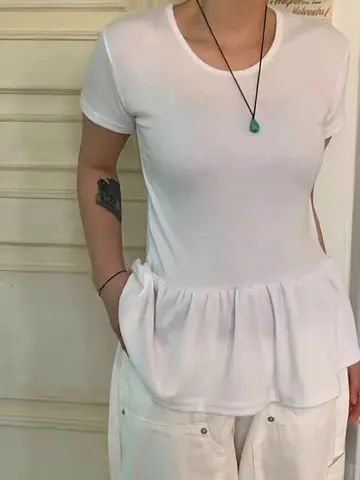 여름 티셔츠 여성용 반팔 짧은 소매 여성용 패치워크 하프 플레어 테이블라인 티셔츠 셔츠 티셔츠 셔츠 티셔츠