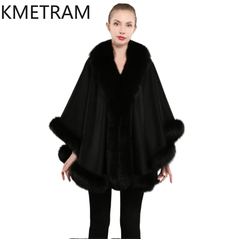 

90% Wool + 10% Cashmere Cloak with Fox Fur Collar Short Real Fur Coat Woman Winter Black Party Shawl Coats Women Clothing 2025