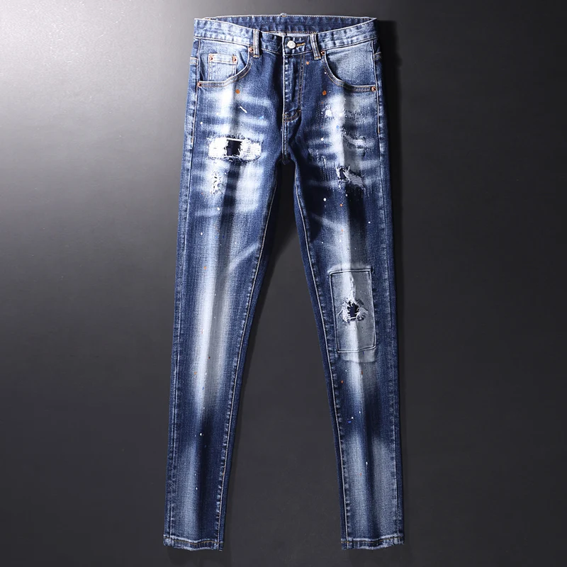 Pantalones vaqueros rasgados pintados para Hombre, Jeans elásticos Retro azules, ajustados, Parche de diseñador, Hip Hop, moda urbana