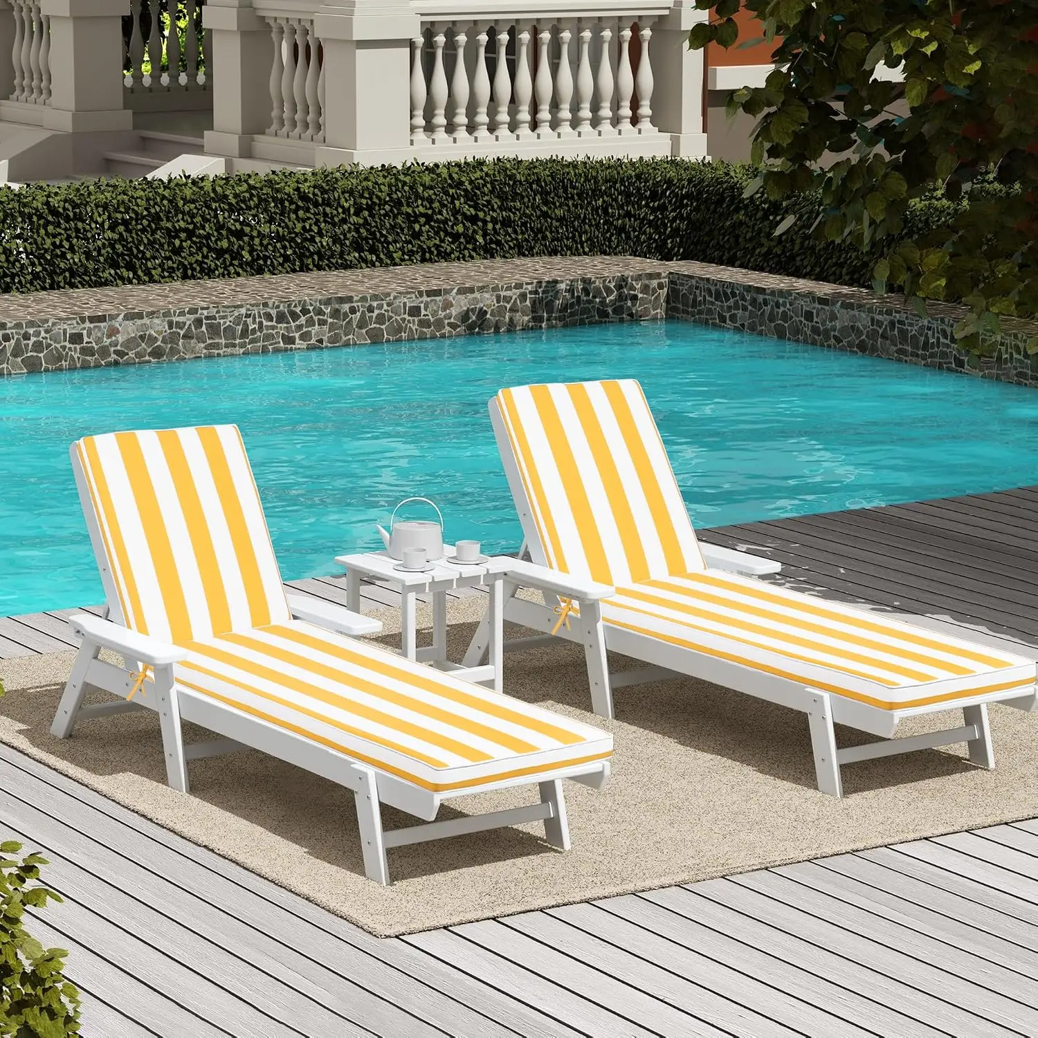 Outdoor Patio Chaise Lounge Cushion Set Replacement Seat Cushions Yellow White Striped Pack Two