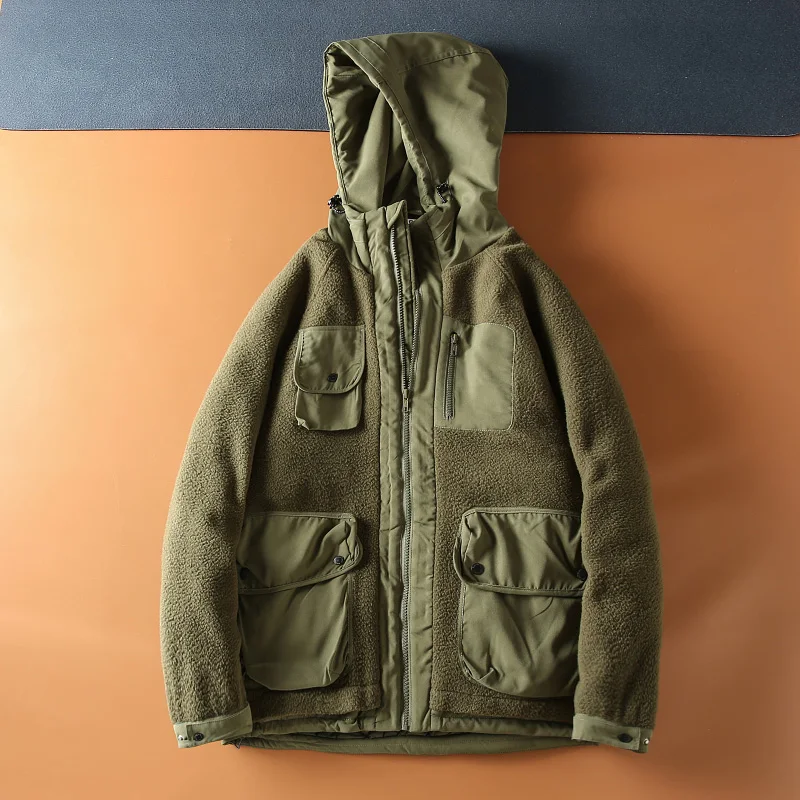 

Thiened American Casual Hooded Fce Jaet Outdoor Workwear Cotton Coat for Men Youth ular Stand Fit Multi-ket