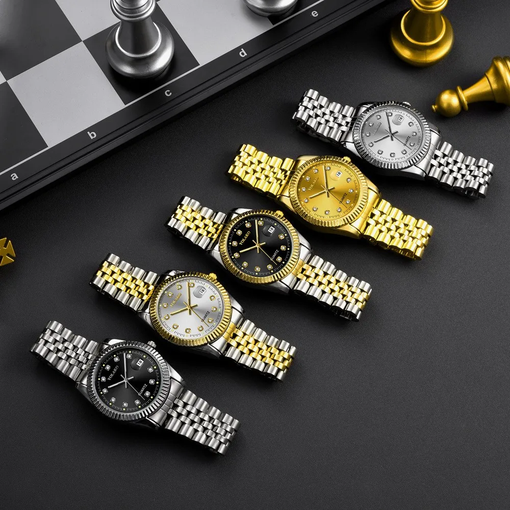 Gold-Plated Quartz Couple's Watch with Diamonds, Women's Simple Casual Steel Band Watch, with Calendar, Student Fashion Style