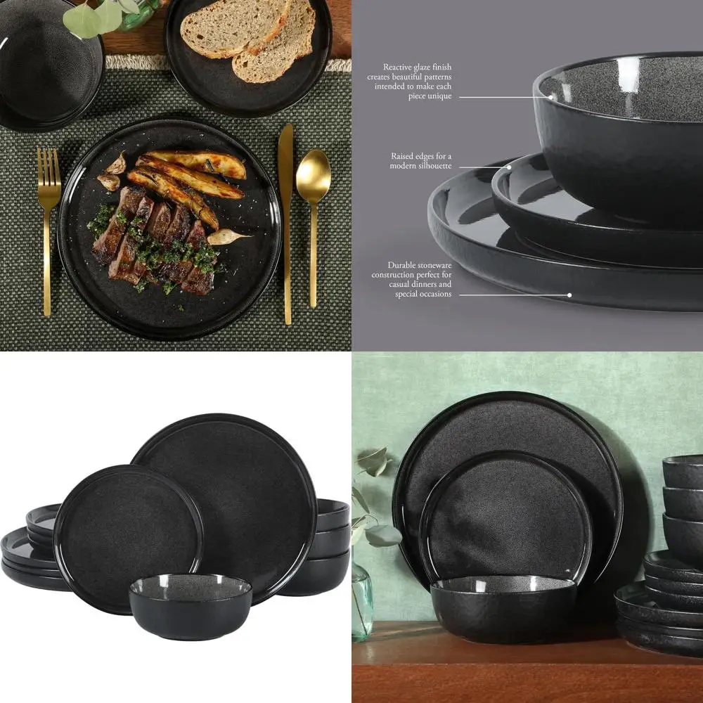 

12-Piece Stoneware Reactive Glaze Dinnerware Set: 4-Person Service with Ceic Plates and Bowls in Black