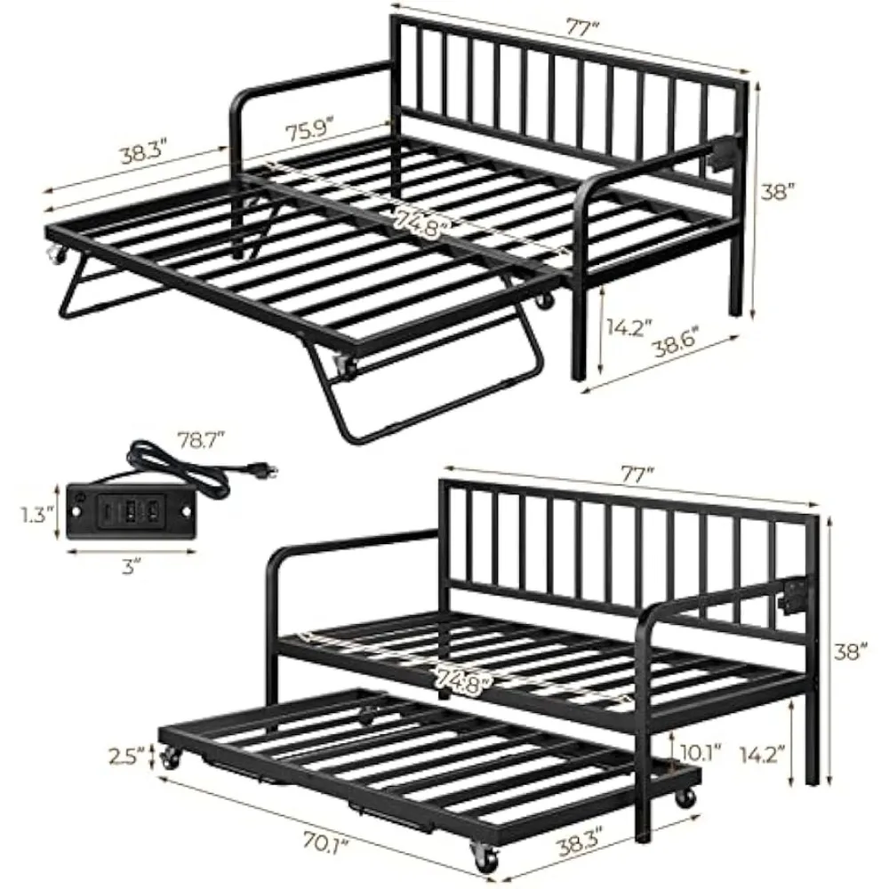 Daybed with Charging Station and LED Lights, Height Adjustable Twin Daybed with Trundle, Metal Sofa Bed Frame with Steel Slat