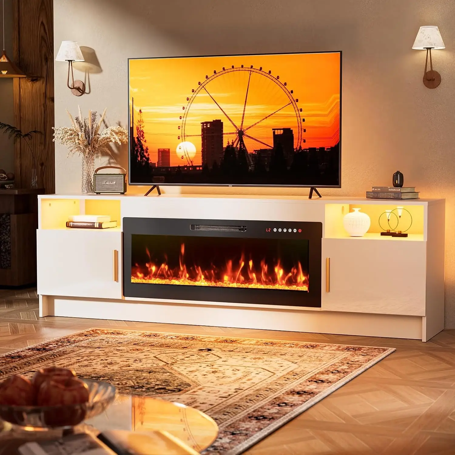 White TV Stand Fireplace LED Light 75+ inch Storage High Glossy Door Modern Living Room 70