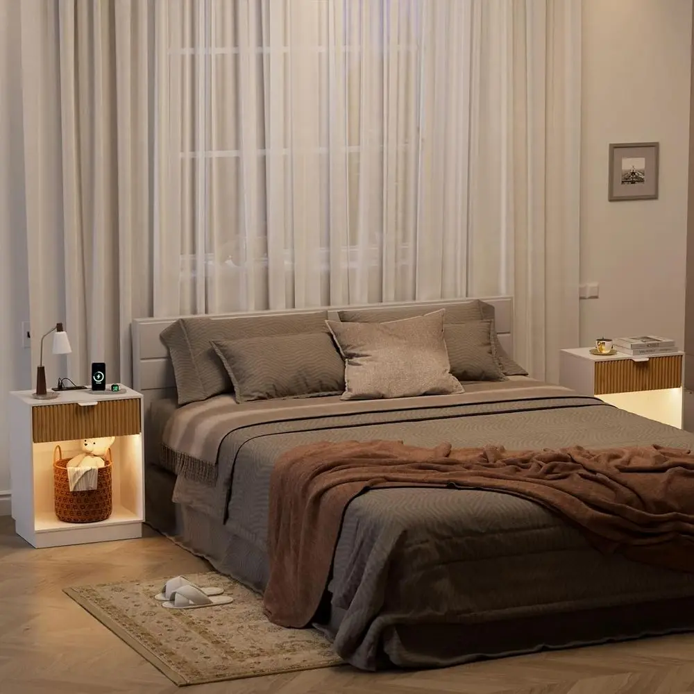 Nightstands Set of 2 with Charging Station & Built-in LED Lights, Bedside Tables with Wave Pattern Drawer & Open Shelf, Safe for