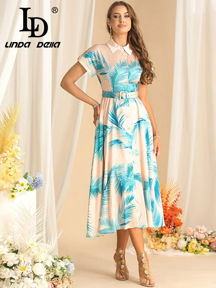 

LD LINDA DELLA Printing Design Dresses For Women's Short-Sleeved Lace-UP Slim Turn-Down Collar Casual Holiday Autumn Dress