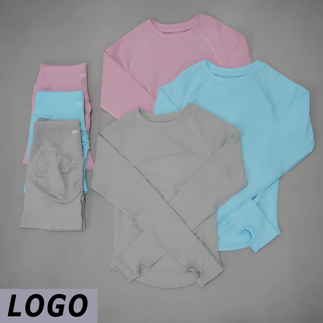 DF Women Seamless Long Sleeve 2PCS Set High Elastic Tummy Control Quick Dry Breathable Yoga Running Gym Fitness Shorts Activew