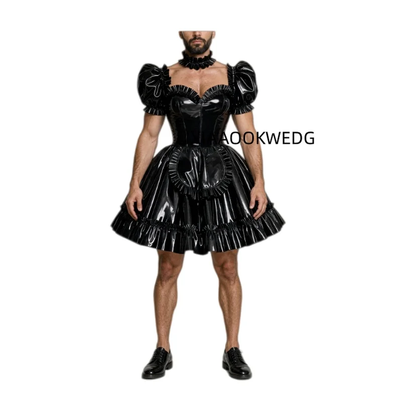 Glossy Natural Latex-look Sissy Maid Dress French Pleated Maid Prom Dress Outfits Halloween Apron Party Dresses womens mens
