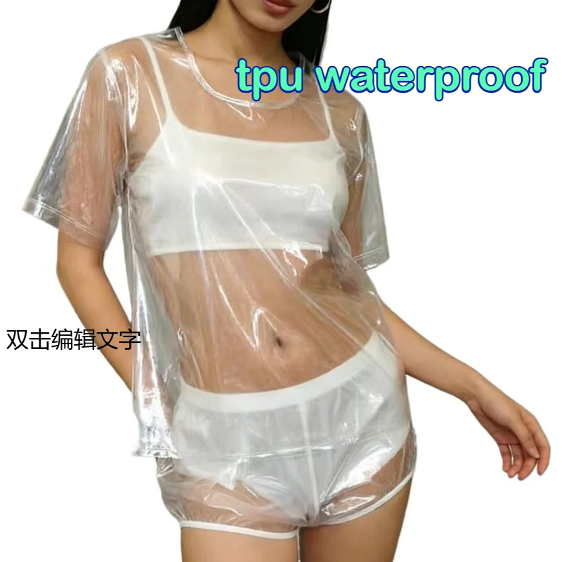 pyjama-en-plastique-rose-nacre-ensemble-transparent-brillant-a-manches-courtes-en-tpu-vetements-de-detente-pour-femmes-modele-identique-a-celui-des-celebrites-d'internet