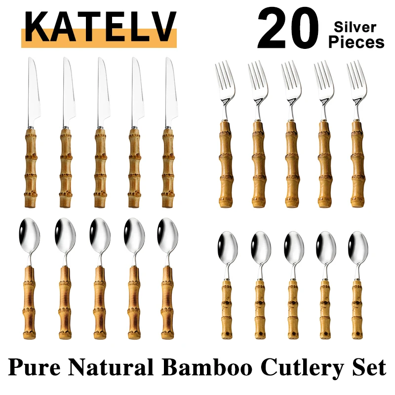 

20Pcs Bamboo Handle Tableware Set Stainless Steel Gold Dinnerware Nature Steak Knives Forks Dessert Spoons elegant Cutlery Set