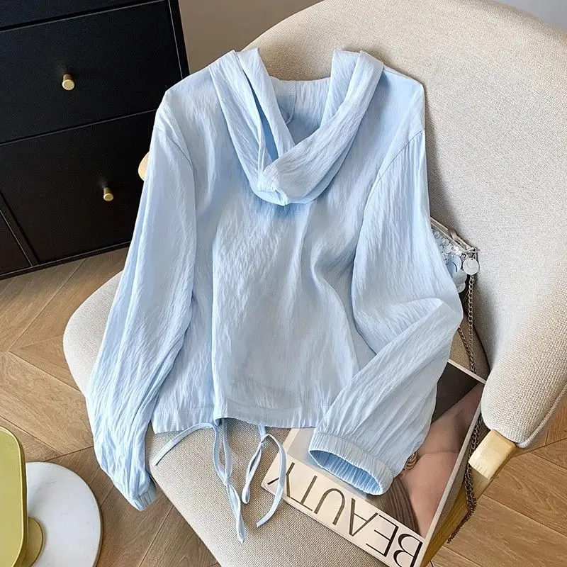 

Lightweight Breathable Outdoor Women's Cardigan Hooded irt Summer Air Conditioning Top Long Sve Collar Pure Color