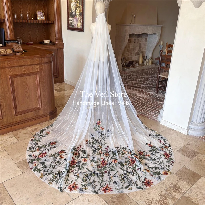 Colorful Floral Unique Wedding Bridal Veils Accessories For Brides Cathedral Long White Ivory Tulle Red Green Leaves Embroidered