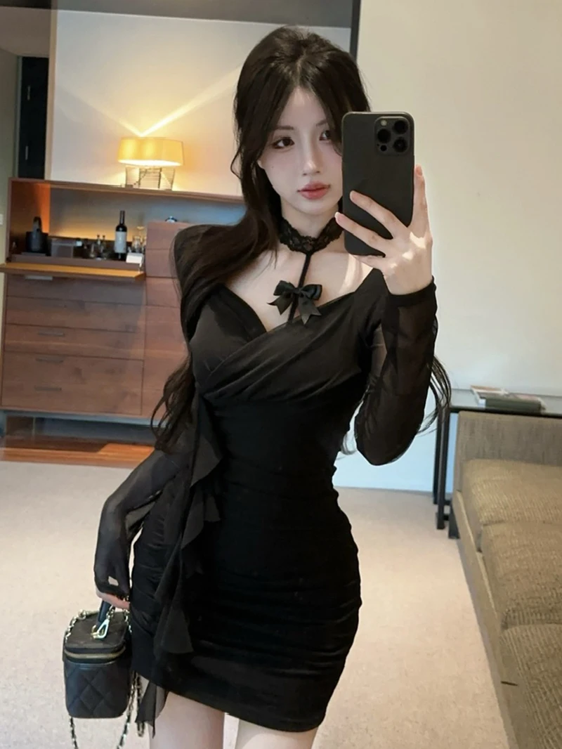 

Корейское женское платье, сетчатое лоскутное платье с лямкой на шее и длинными рукавами, элегантное тонкое лоскутное платье с оборками и рюшами, осенние вечерние мини-платья Club 2025