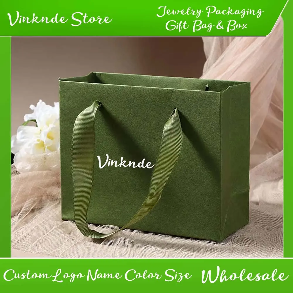

Wholesale Olive Green Custom Logo Kraft Paper Gift Bags Handles for Wedding Birthday Travel Shopping Cosmetic Jewelry Storage