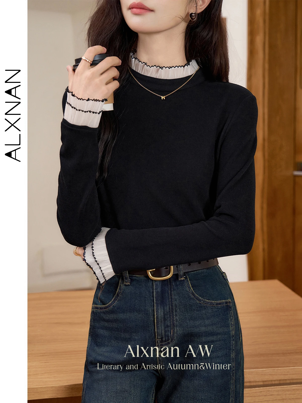 

ALXNAN Black Long Sleeved T-shirt for Women Chic Agaric Edge Round Collar Slimming Temperament Female Knit Tops 2024 Fall L50217