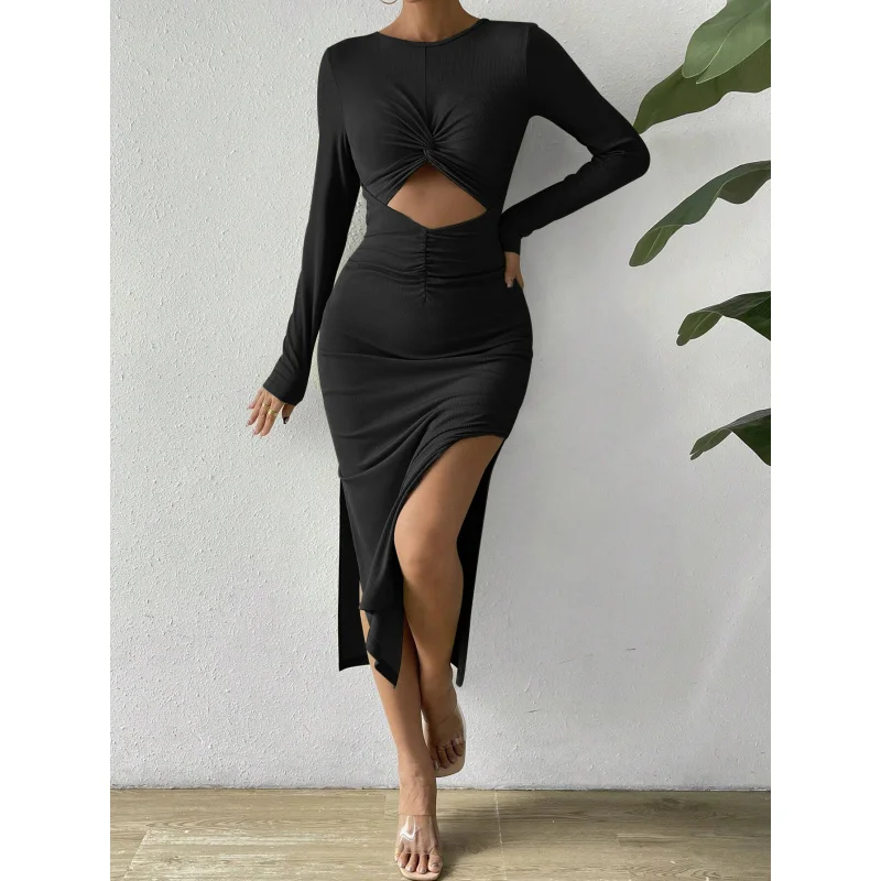 

YQ1-Women's Autumn and Winter New Sexy Hollow Out Slit Bodycon Party Dress