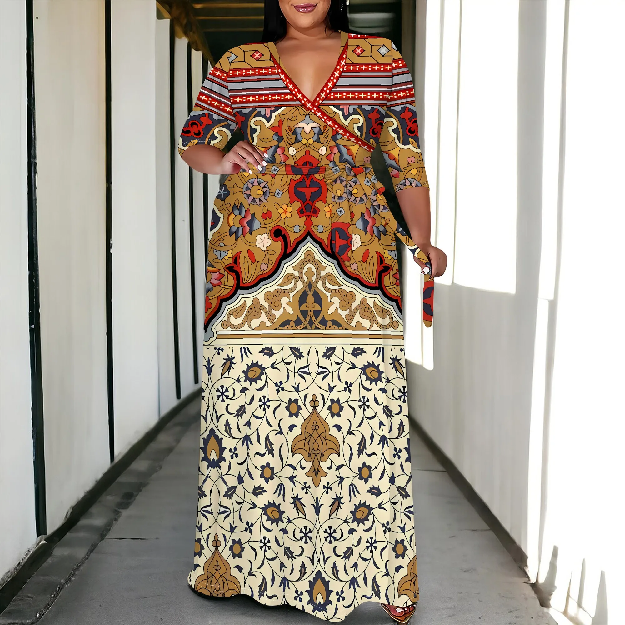 

Women's Burgundy Damask V-Neck Tie 3/4 Sleeve Plus Size Sexy Dress Polyester Evening Winter Luxe