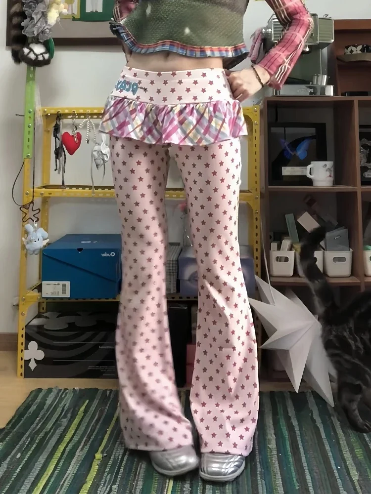 새로운 가을 겨울 여성 Y2K 롱 팬츠 페이크 투피스 2000년대 케이팝 패션 갸루 로우라이즈 플레어 팬츠 스키니 스윗 하라주쿠