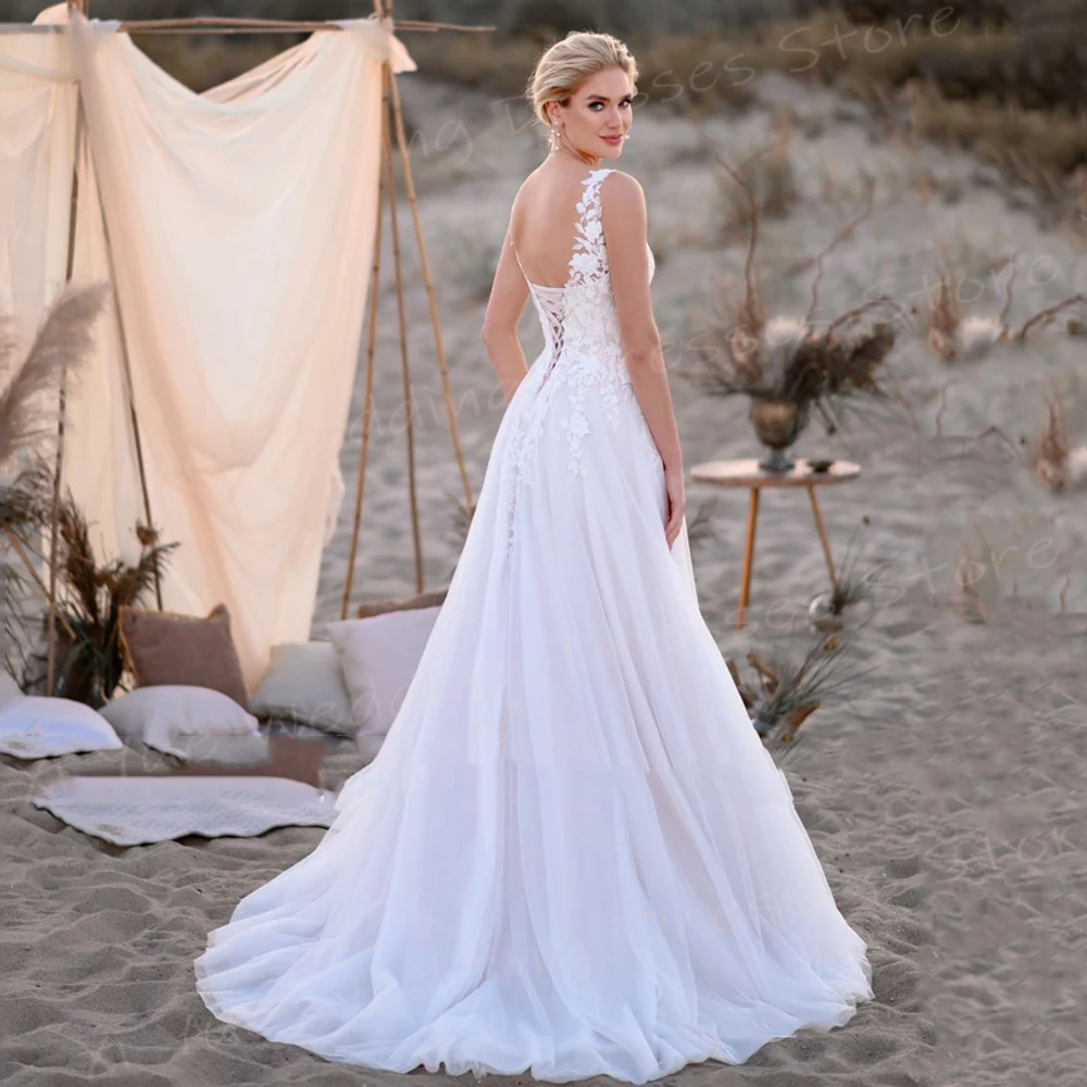 Squisito elegante scollo A V una linea abiti da sposa da donna graziosi Appliques con lacci abiti da sposa senza maniche Beach Vestido De Noivas