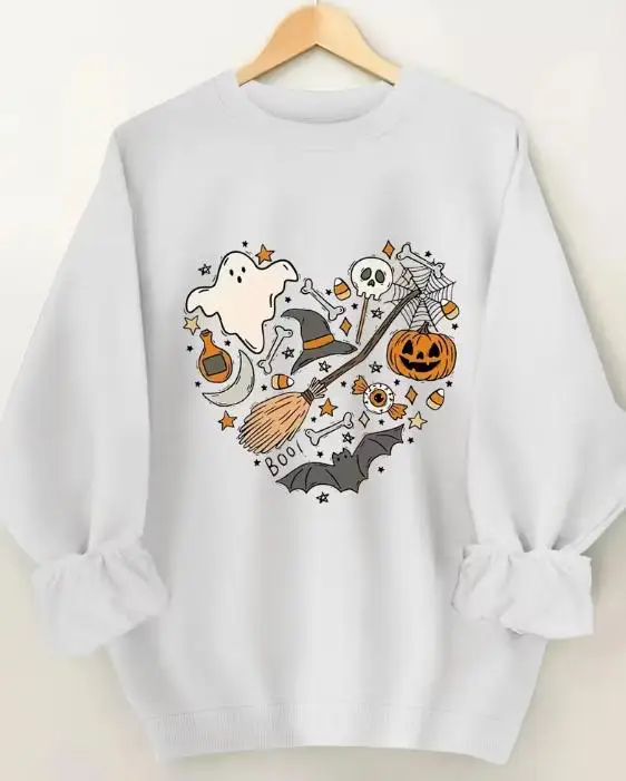 Campus Casual Style Women Halloween Heart Element Print Sweatshirt Vintage Aesthetic Crew Neck Long Sleeve Pullover Ghost Pumpkin Witch Hat Fall Holiday Casual Tops