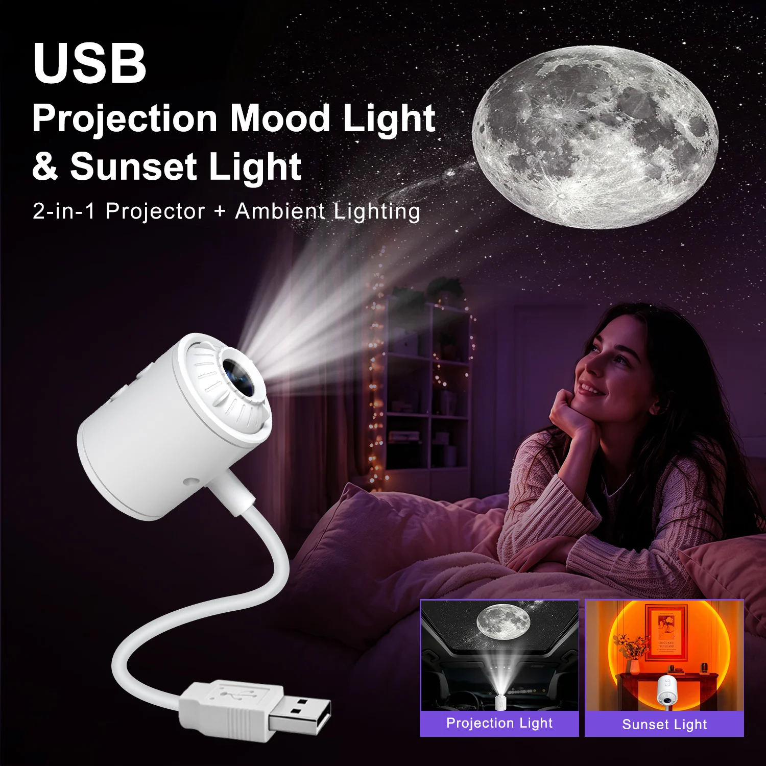 USB Powered 2-in-1 Starry Sky Projector & Sunset Lamp Modes 360°Rotating LED Projector Atmosphere Lamp for Bedroom Ceiling Decor