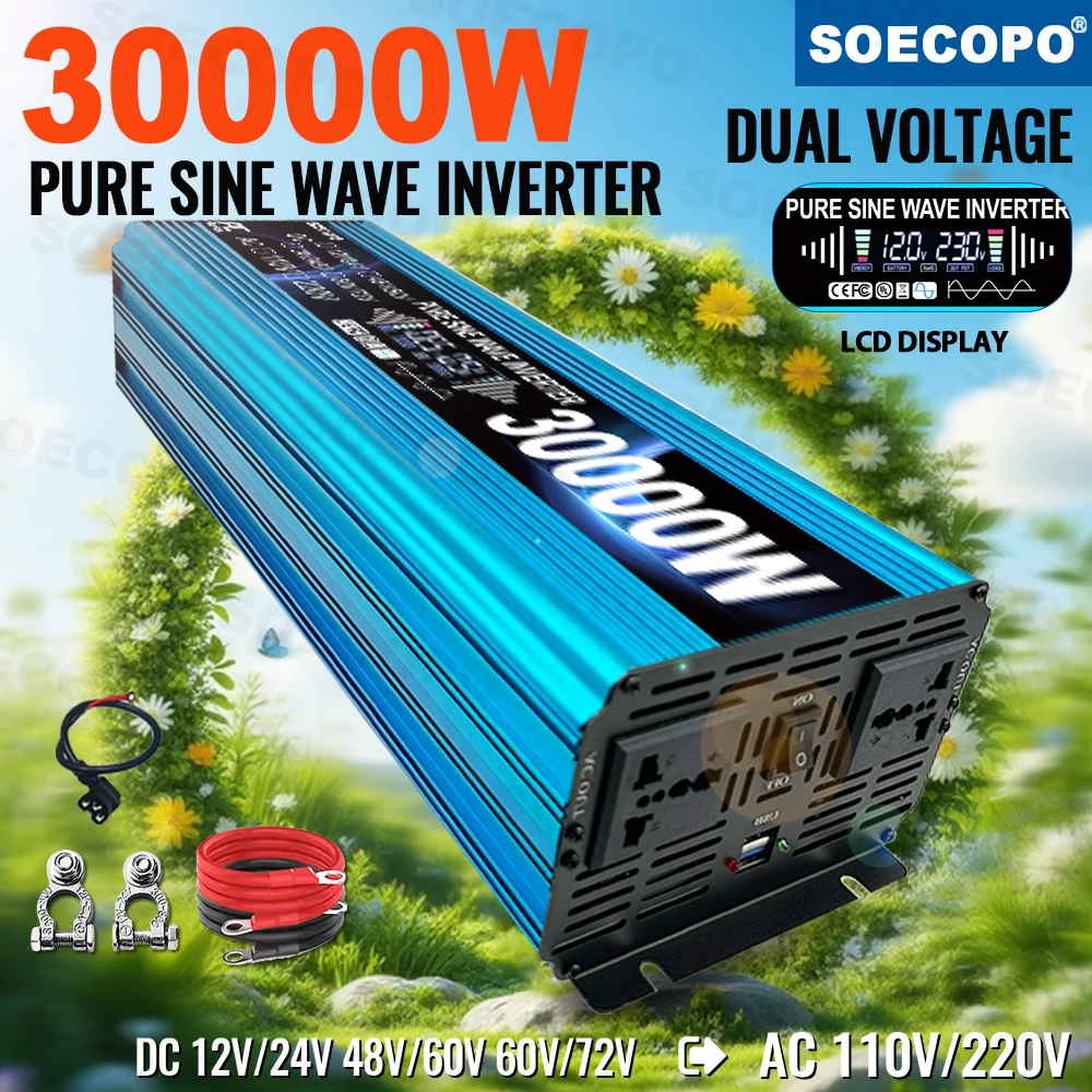 Pure Sine Wave Inverter 30000W Dual Voltage Solar Inverter DC 12/24/48/60/72V To AC 110/220V Current Inverter RV & Home Camping