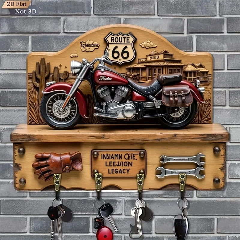 A 2D Retro Motorcycle Key Hook Featuring Route 66, Made of Wood with Multiple Functions, Includes Four Metal Hooks, Suitable