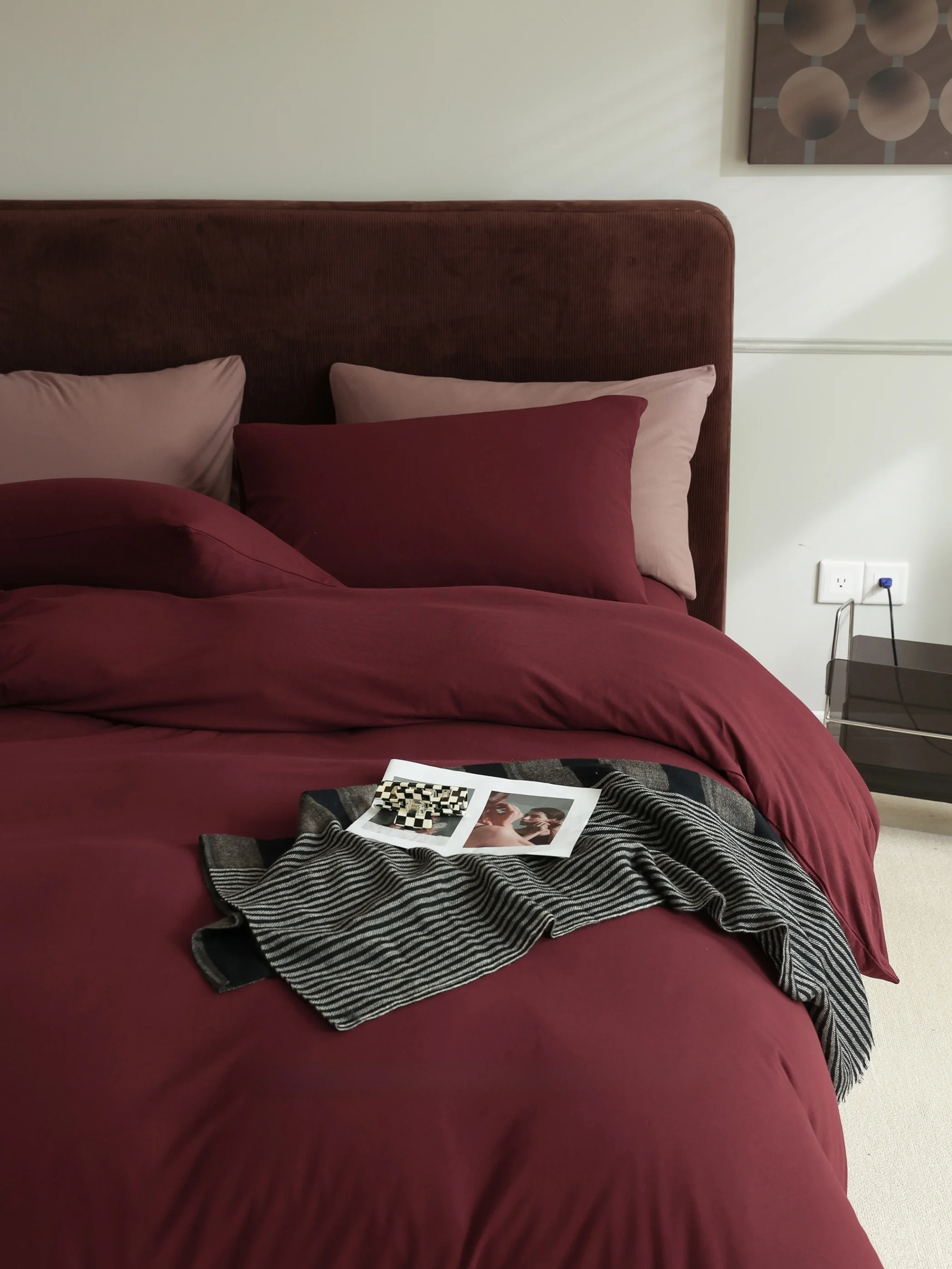 

Soft Pure Cotton Knitted Bedding Set Four Pieces Set Skin-friendly Retro Style Wine Red Breathable Comfortable for A...