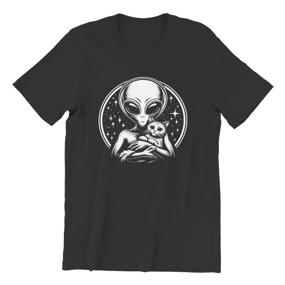 Alien With A House Cat Galactic Kitten Cuddles Graphic Classic-T-Shirt for Men 100% Cotton Tee Shirt  Clothing 6XL