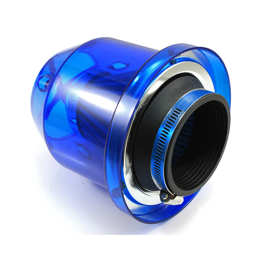 Car Cold Intake Air Filter 3inch Universal Washable Replacement Blue Carbon 76mm Sport High Flow Cone Air Filter with Cover