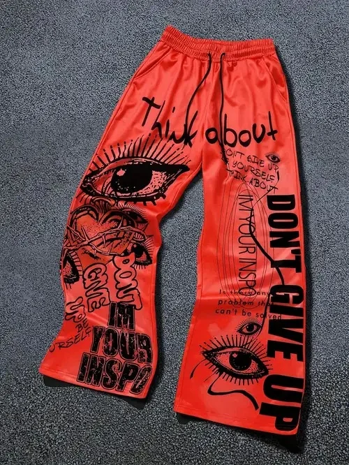 2026 New Model Men Gothic Vertical Graphic Wide Leg Sweatpants Drawstring Loose Straight Baggy Y2K Dark Punk Streetwear Pants.