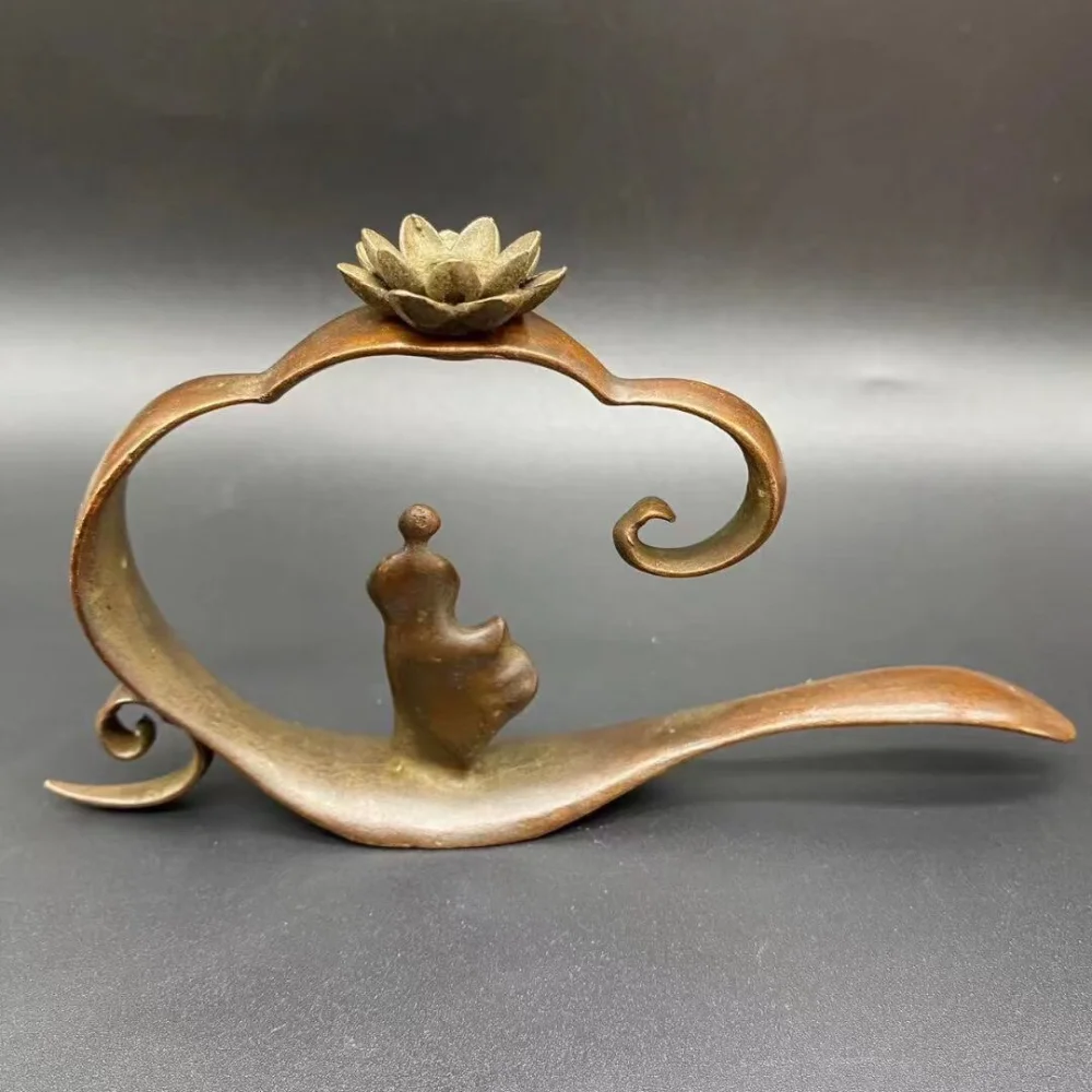 Chinese Zen Bronze Incense Burner Holder Lotus Flower Backflow Incense Stand with Meditating Monk Figurine Home Tea Room Decor