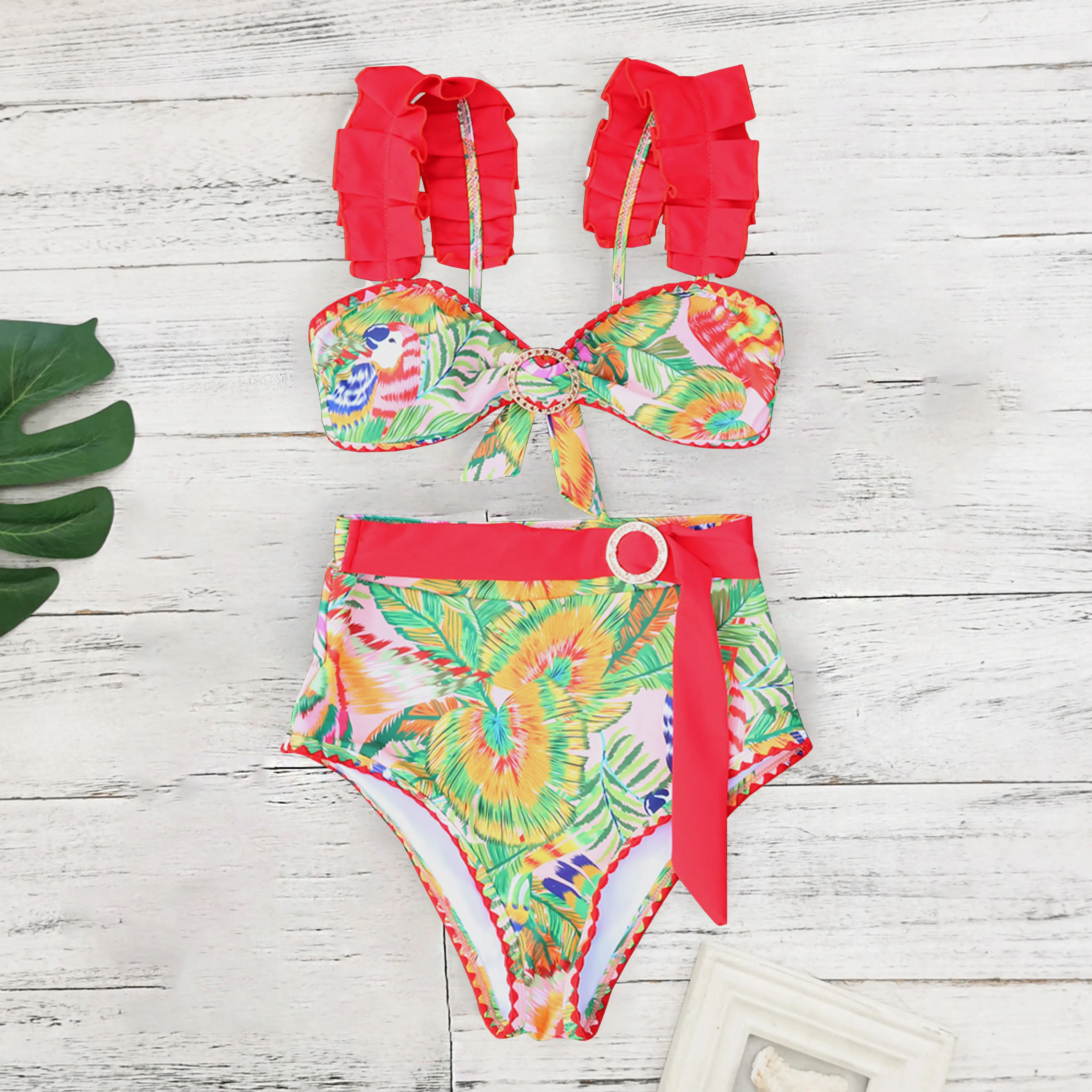 

Сексуальный комплект бикини с рюшами, женский купальник с высокой талией, женский купальный костюм, 2024, осенний праздничный пляжный костюм, женская одежда