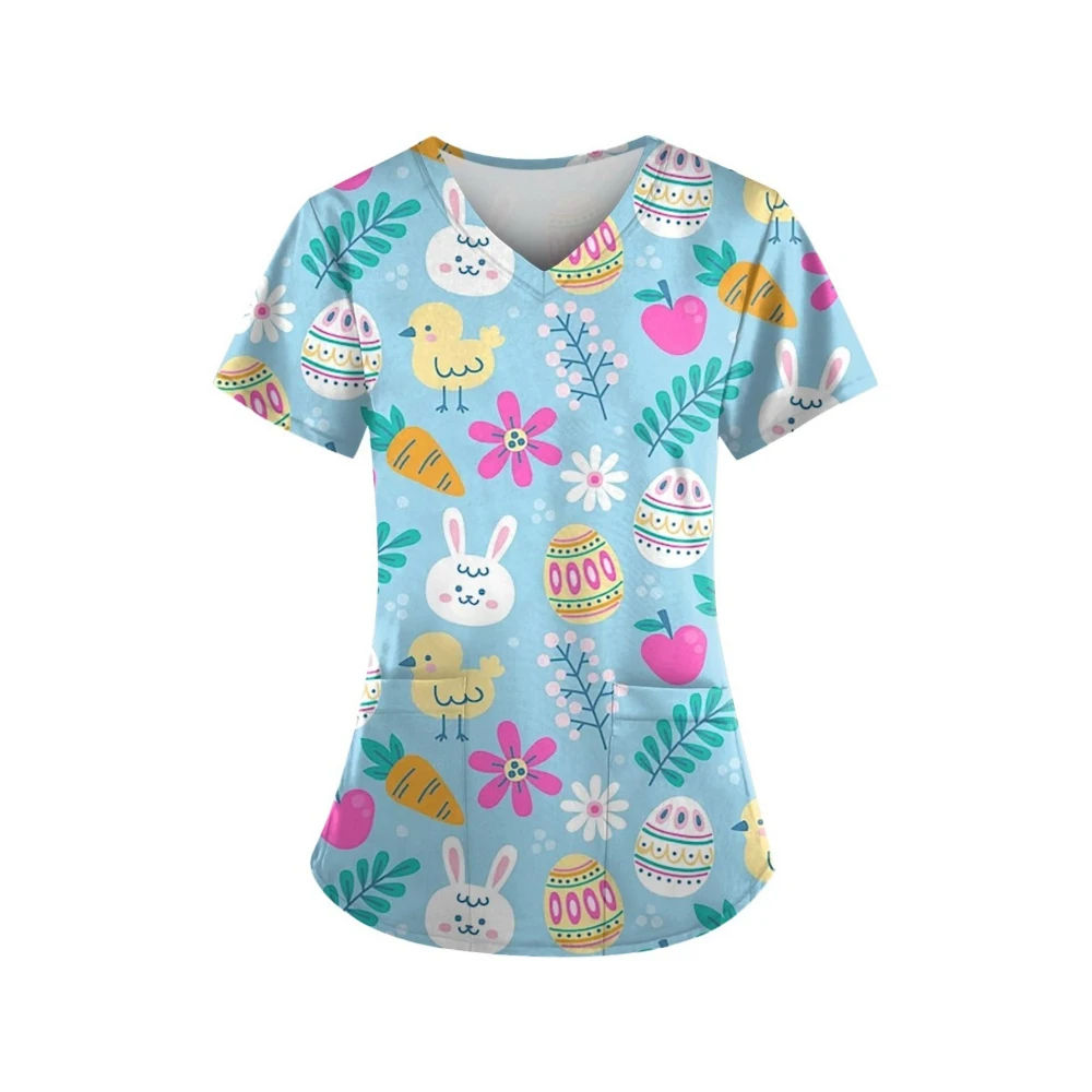 Medical Nursing Uniform Women’s Stretch Ombre Print V-Neck Short Sleeve Tops Pocket Medical Clothing for Women Hospital Uniform