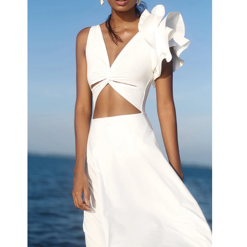 2023 Summer Elegant Swimwear White Maxi Dress Swimsuit Women Sleeveless Deep-V Neck Backless Female Party Gown Sexy Beachwear